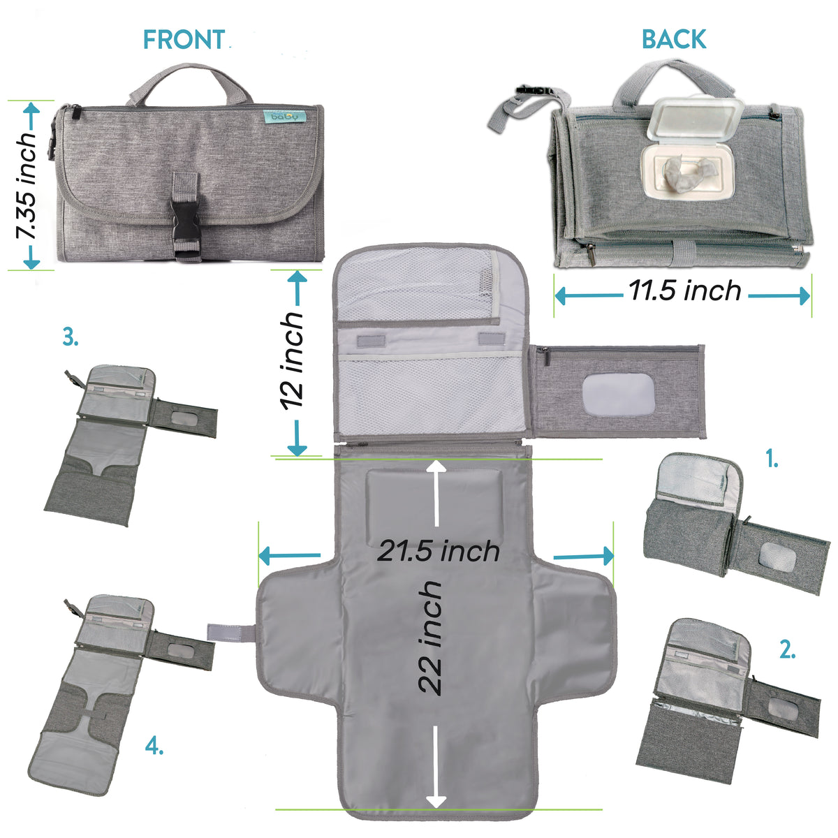 Kopi Baby Portable Diaper Changing Pad with Wipes Pocket, Classic Grey