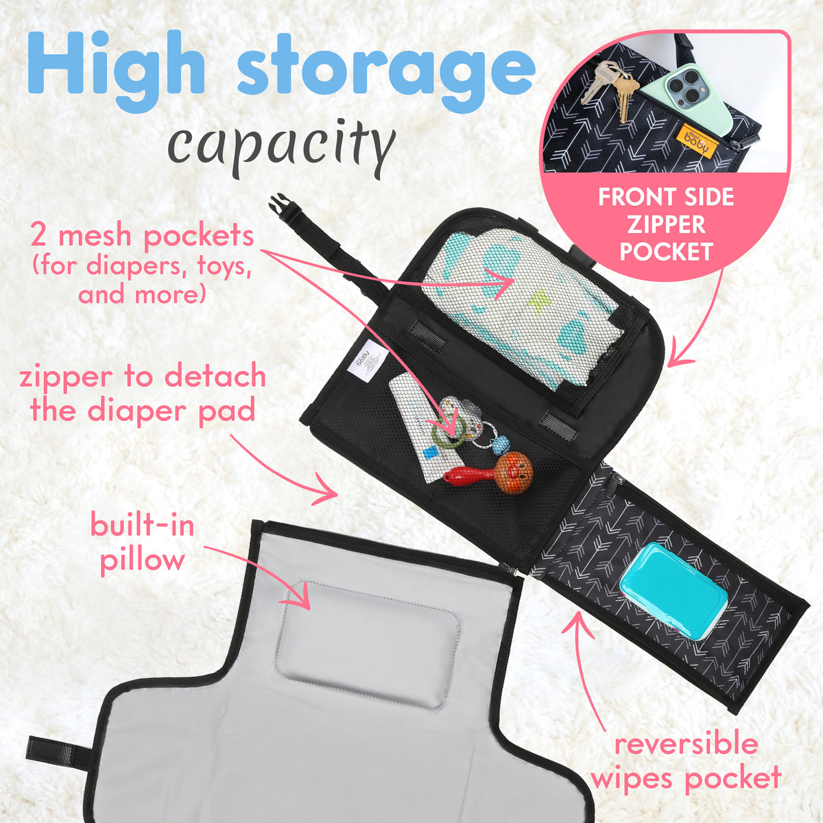 Kopi Baby Portable Diaper Changing Pad, Wipes Pocket, Classic Black Arrows