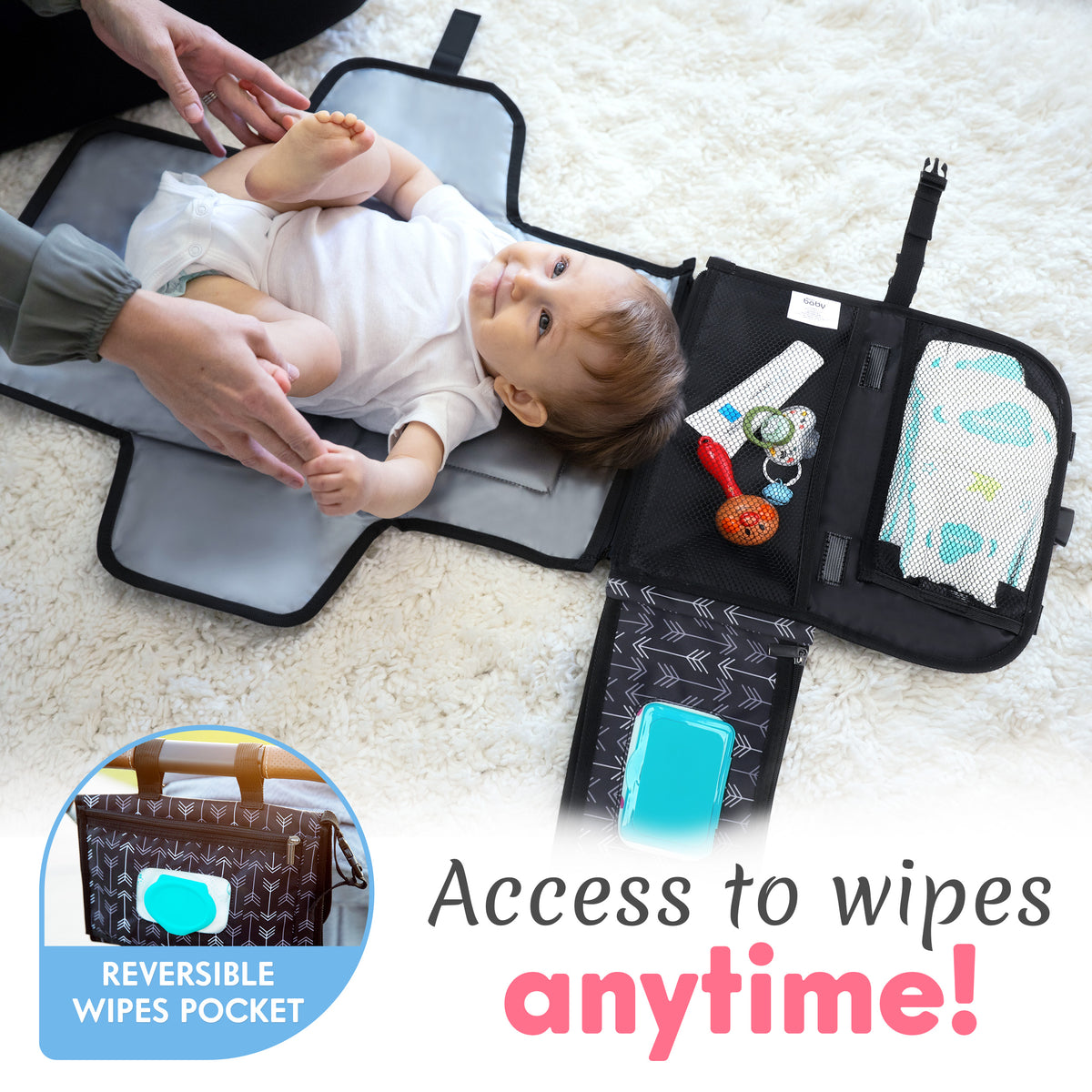 Kopi Baby Portable Diaper Changing Pad, Wipes Pocket, Classic Black Arrows