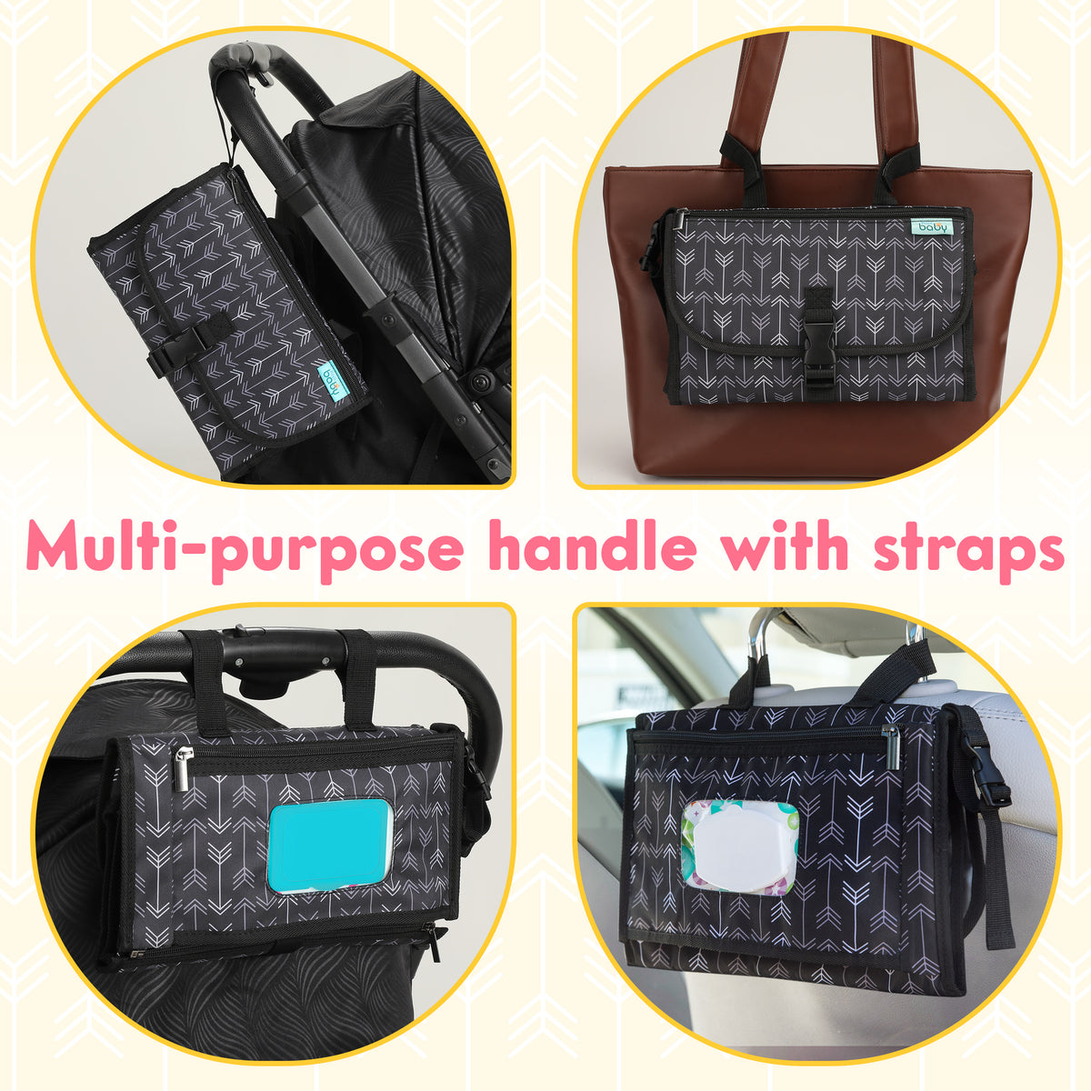 Kopi Baby Portable Diaper Changing Pad, Wipes Pocket, Classic Black Arrows