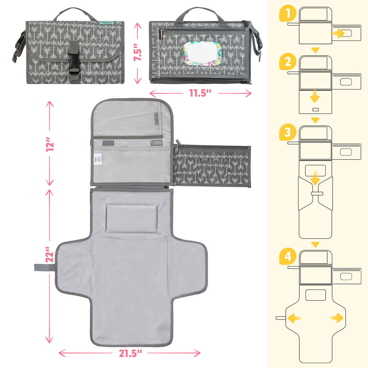 Kopi Baby Portable Diaper Changing Pad, Wipes Pocket, Classic Grey Arrows