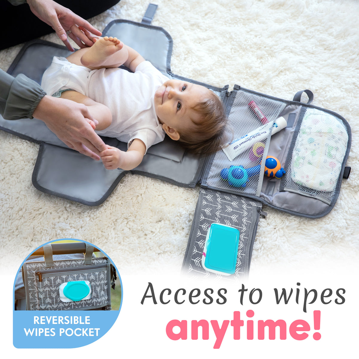 Kopi Baby Portable Diaper Changing Pad, Wipes Pocket, Classic Grey Arrows