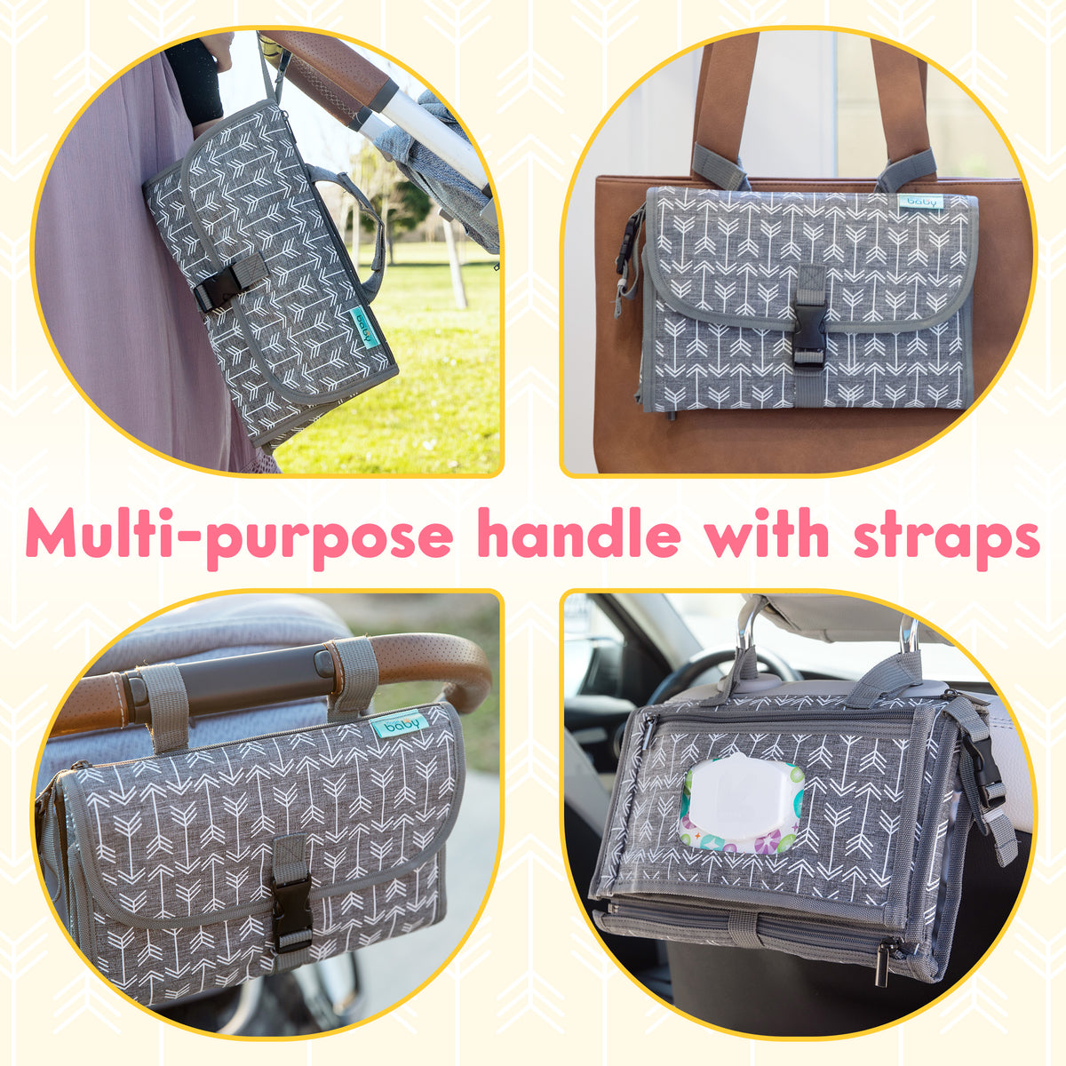 Kopi Baby Portable Diaper Changing Pad, Wipes Pocket, Classic Grey Arrows