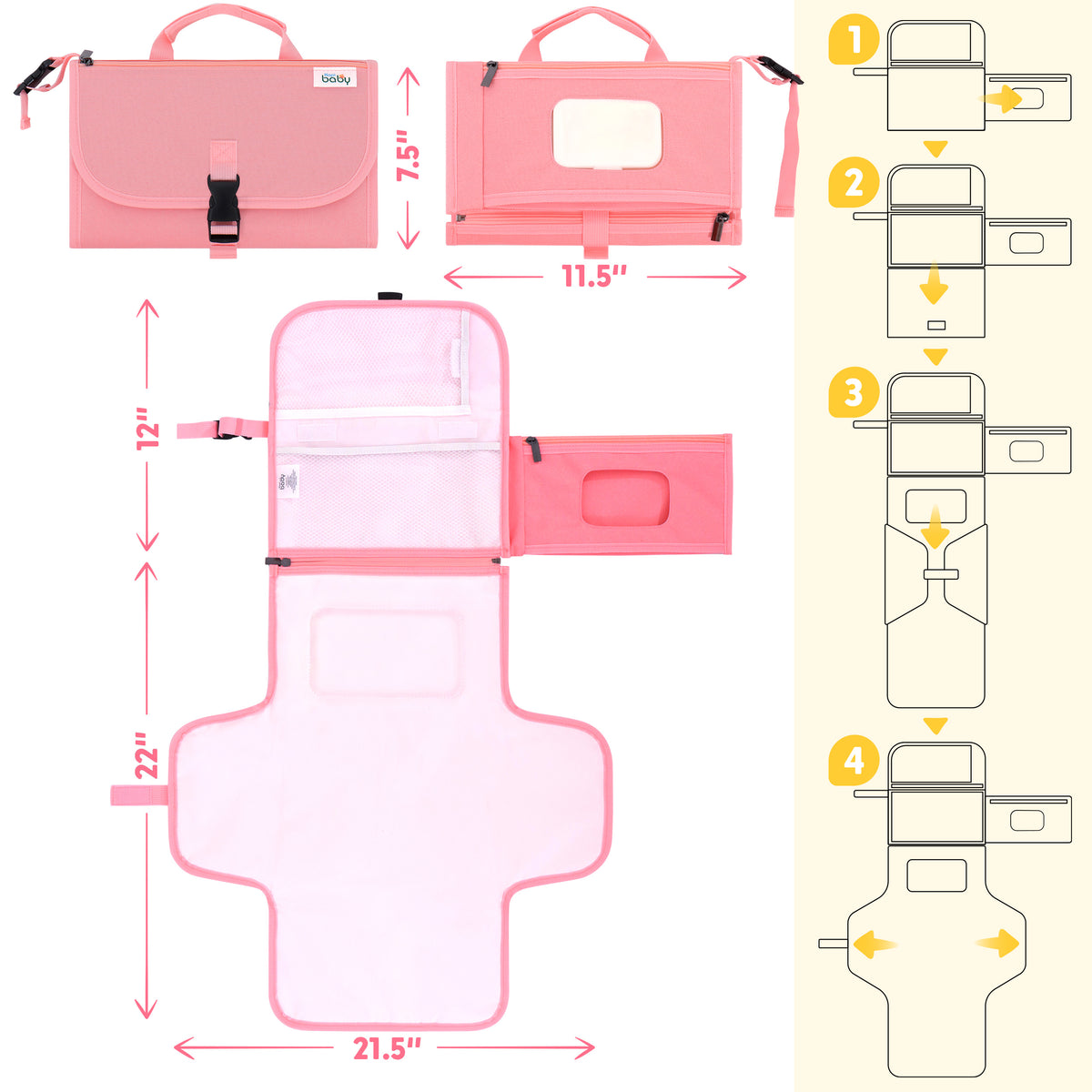 Kopi Baby Portable Diaper Changing Pad with Wipes Pocket, Classic Pink