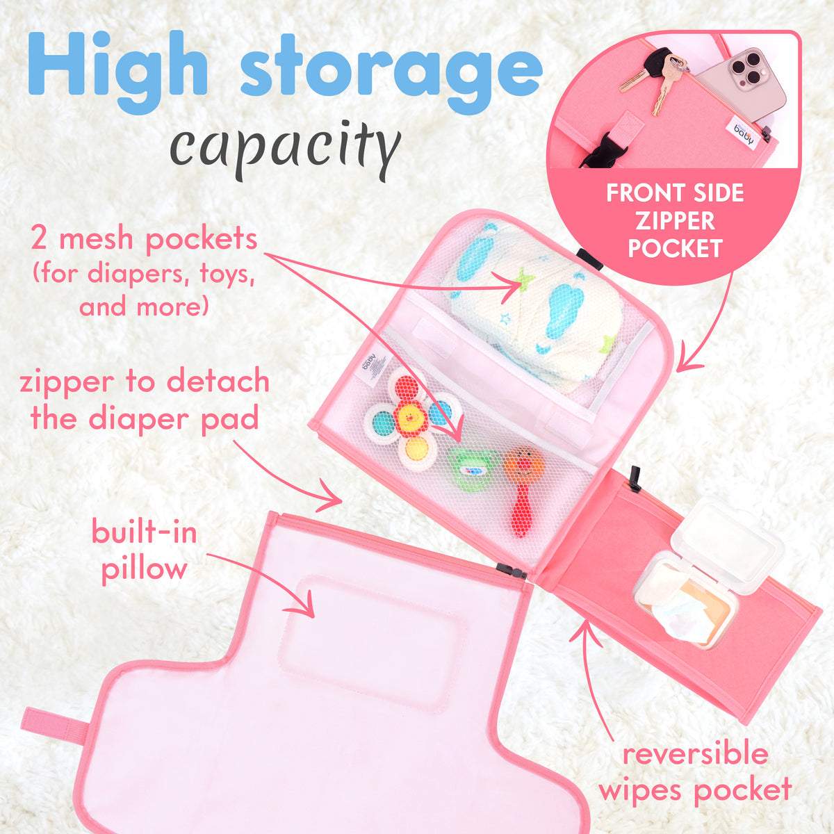 Kopi Baby Portable Diaper Changing Pad with Wipes Pocket, Classic Pink