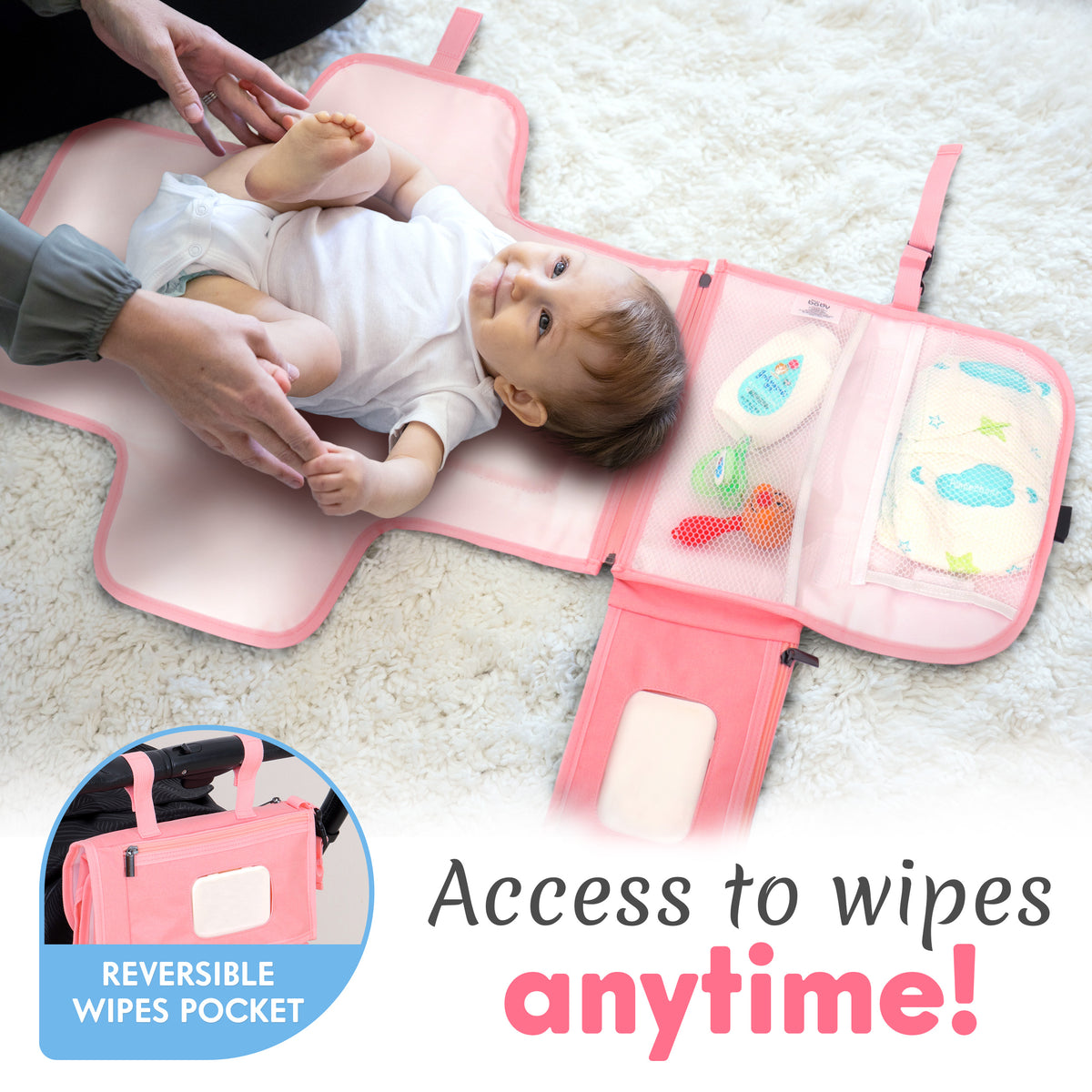 Kopi Baby Portable Diaper Changing Pad with Wipes Pocket, Classic Pink