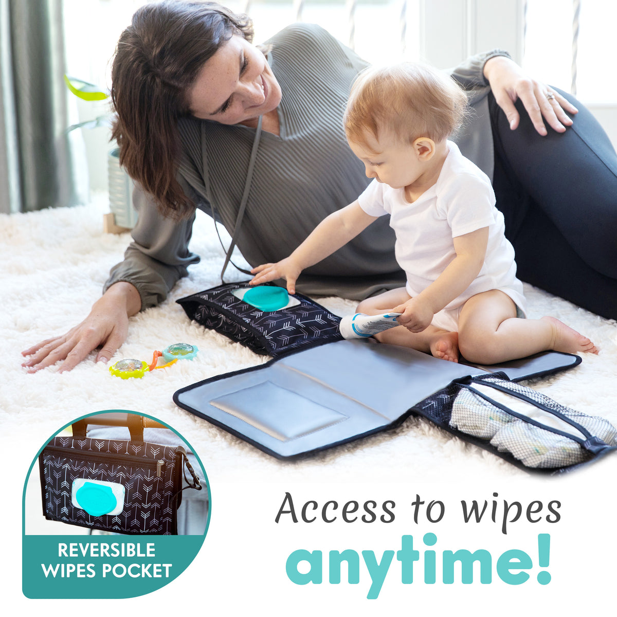 Kopi Baby Portable Diaper Changing Pad, Wipes Pocket, Modern Black Arrows