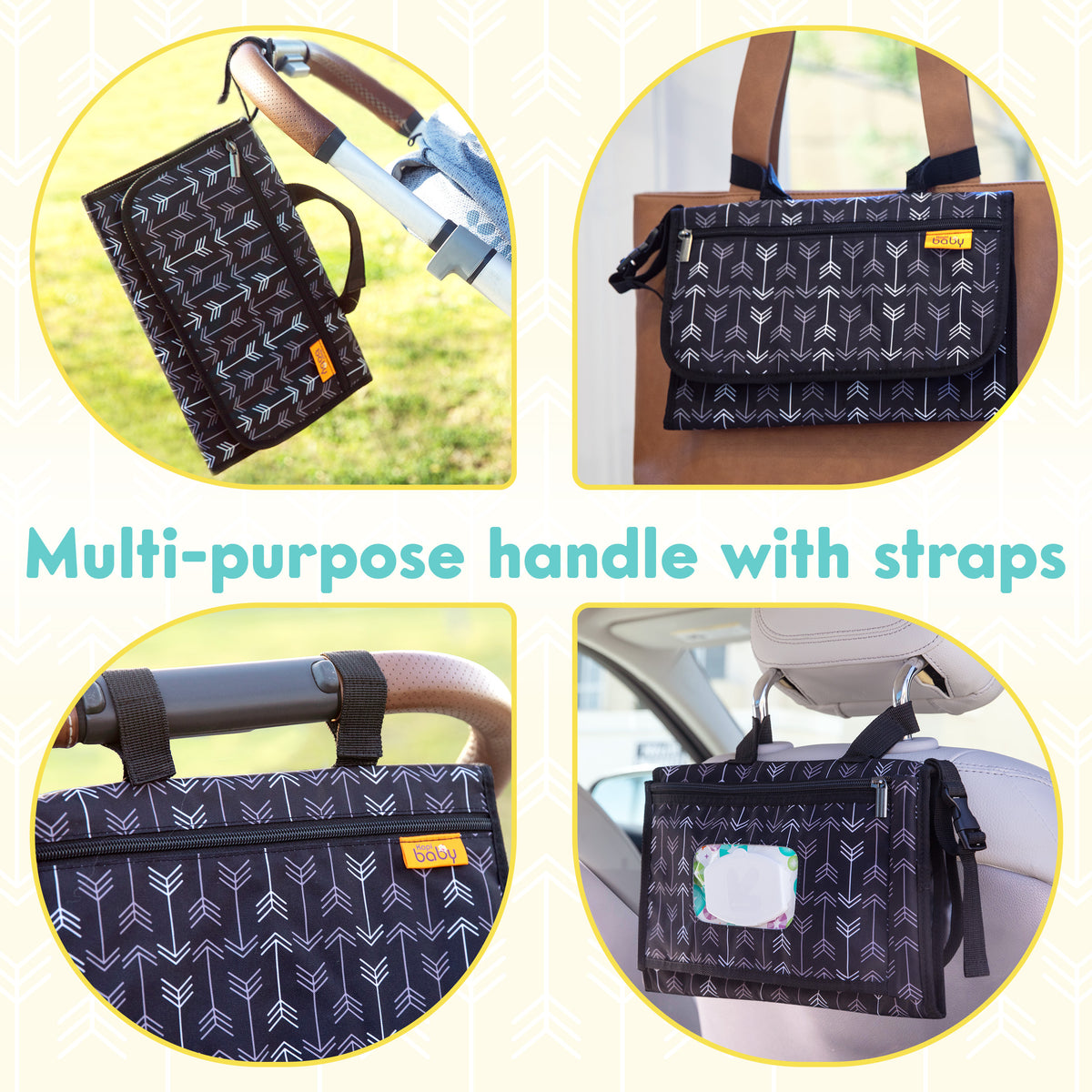 Kopi Baby Portable Diaper Changing Pad, Wipes Pocket, Modern Black Arrows
