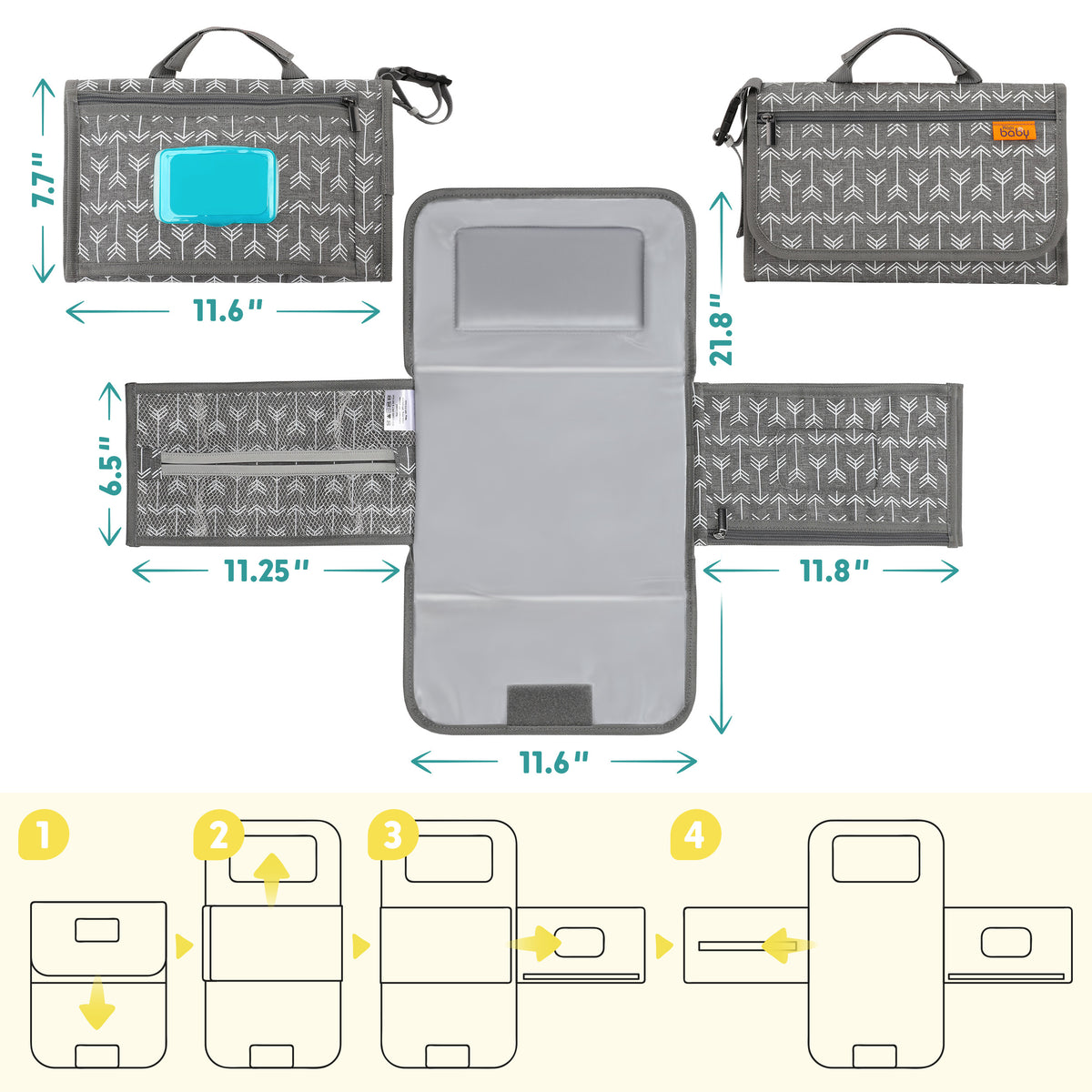Kopi Baby Portable Diaper Changing Pad, Wipes Pocket, Modern Grey Arrows