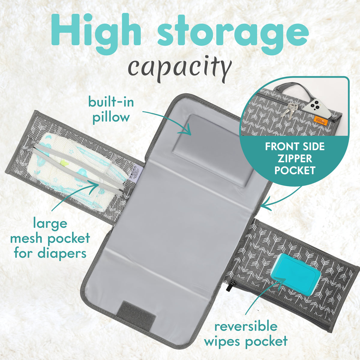 Kopi Baby Portable Diaper Changing Pad, Wipes Pocket, Modern Grey Arrows