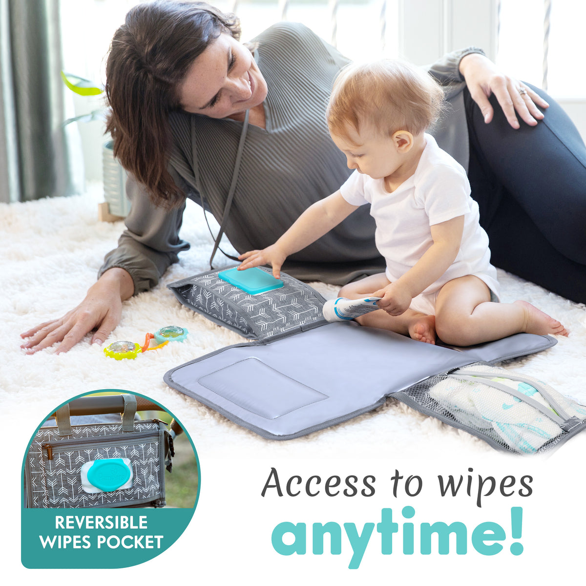 Kopi Baby Portable Diaper Changing Pad, Wipes Pocket, Modern Grey Arrows