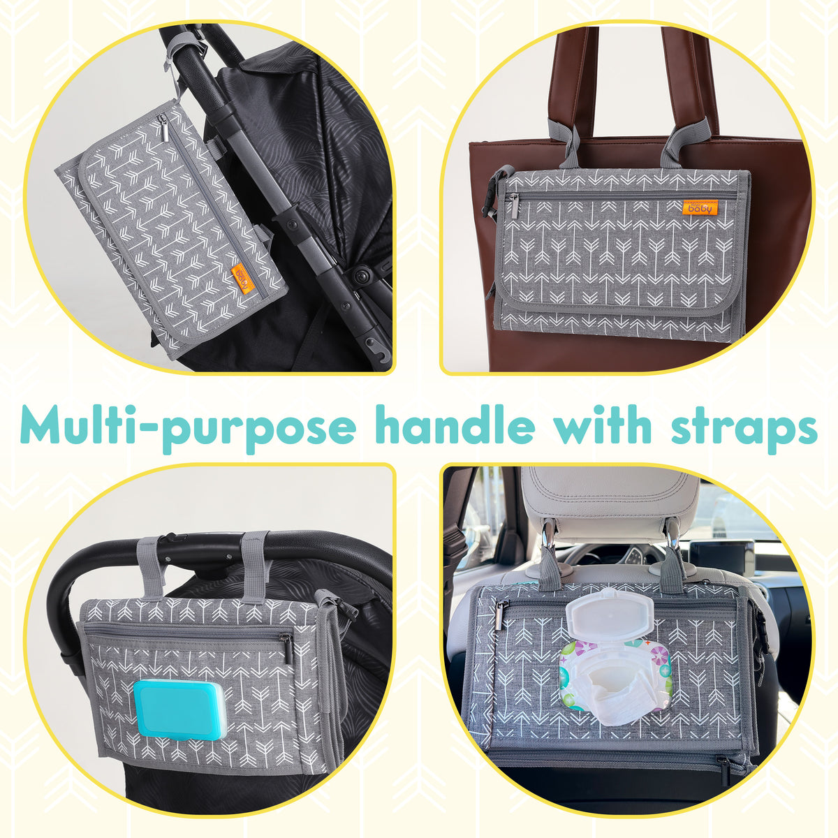 Kopi Baby Portable Diaper Changing Pad, Wipes Pocket, Modern Grey Arrows
