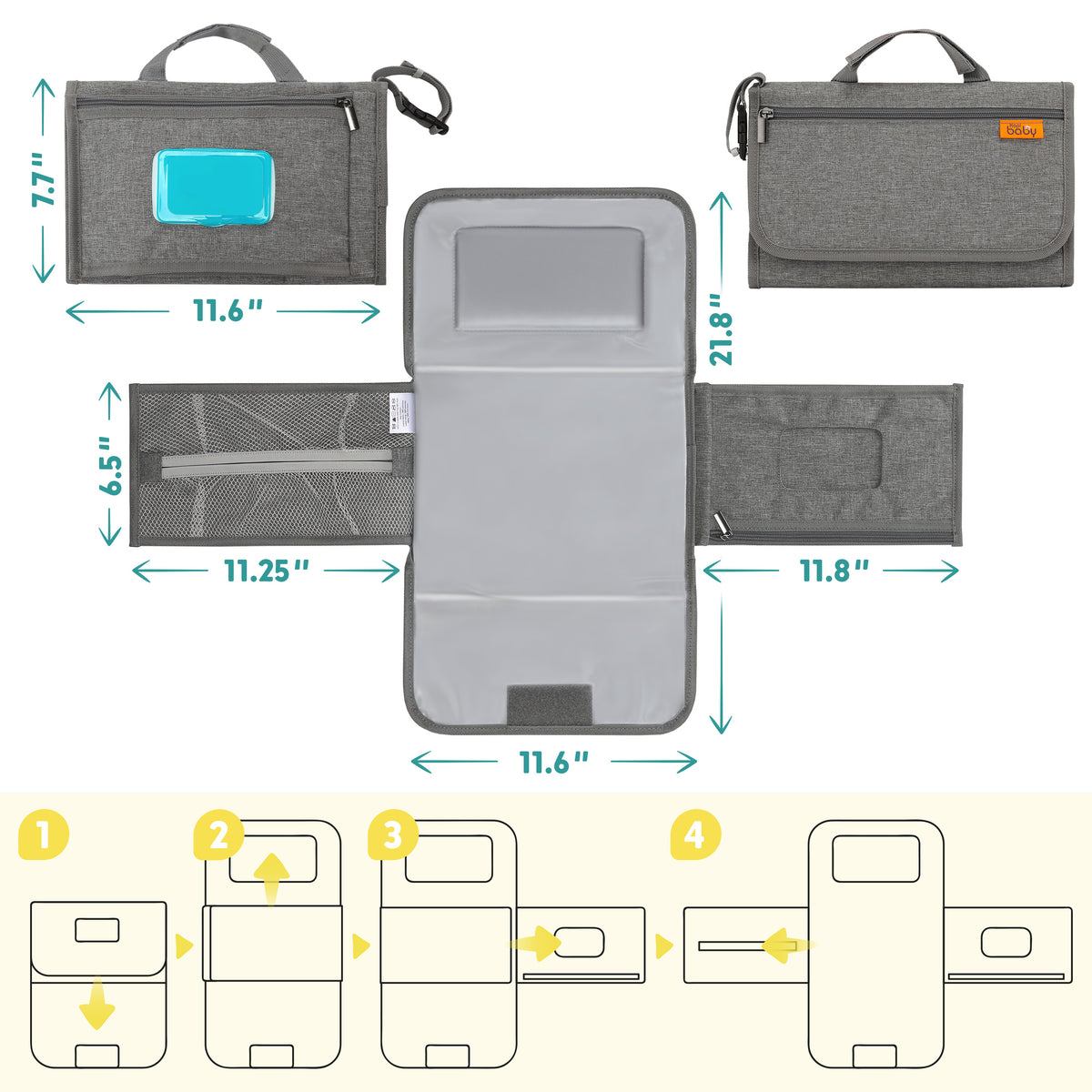 Kopi Baby Portable Diaper Changing Pad with Wipes Pocket, Modern Grey