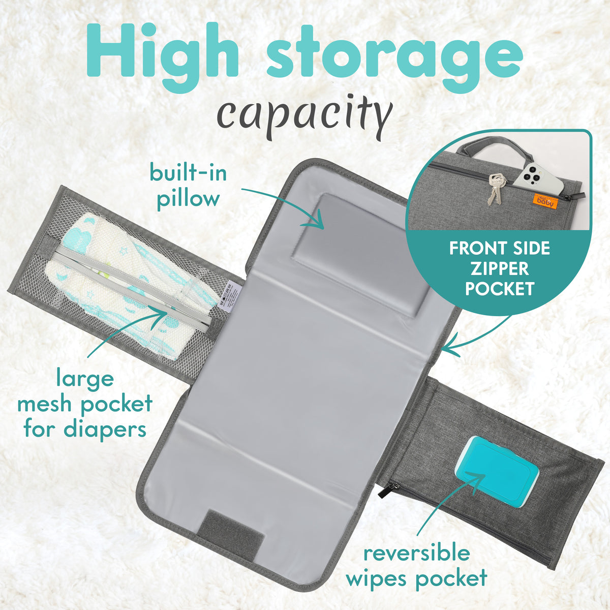Kopi Baby Portable Diaper Changing Pad with Wipes Pocket, Modern Grey