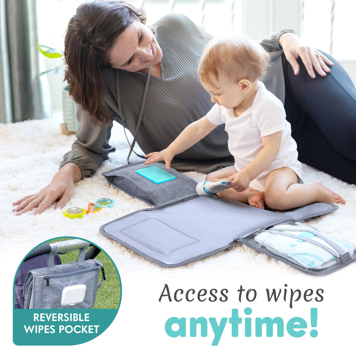 Kopi Baby Portable Diaper Changing Pad with Wipes Pocket, Modern Grey