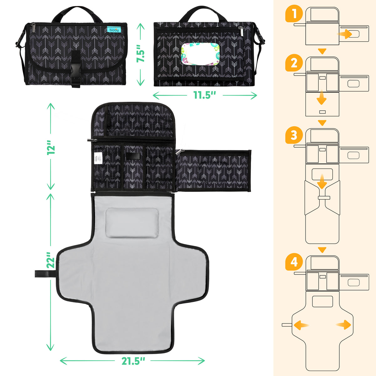 Kopi Baby Portable Diaper Changing Pad, Wipes Pocket, Premium Black Arrows