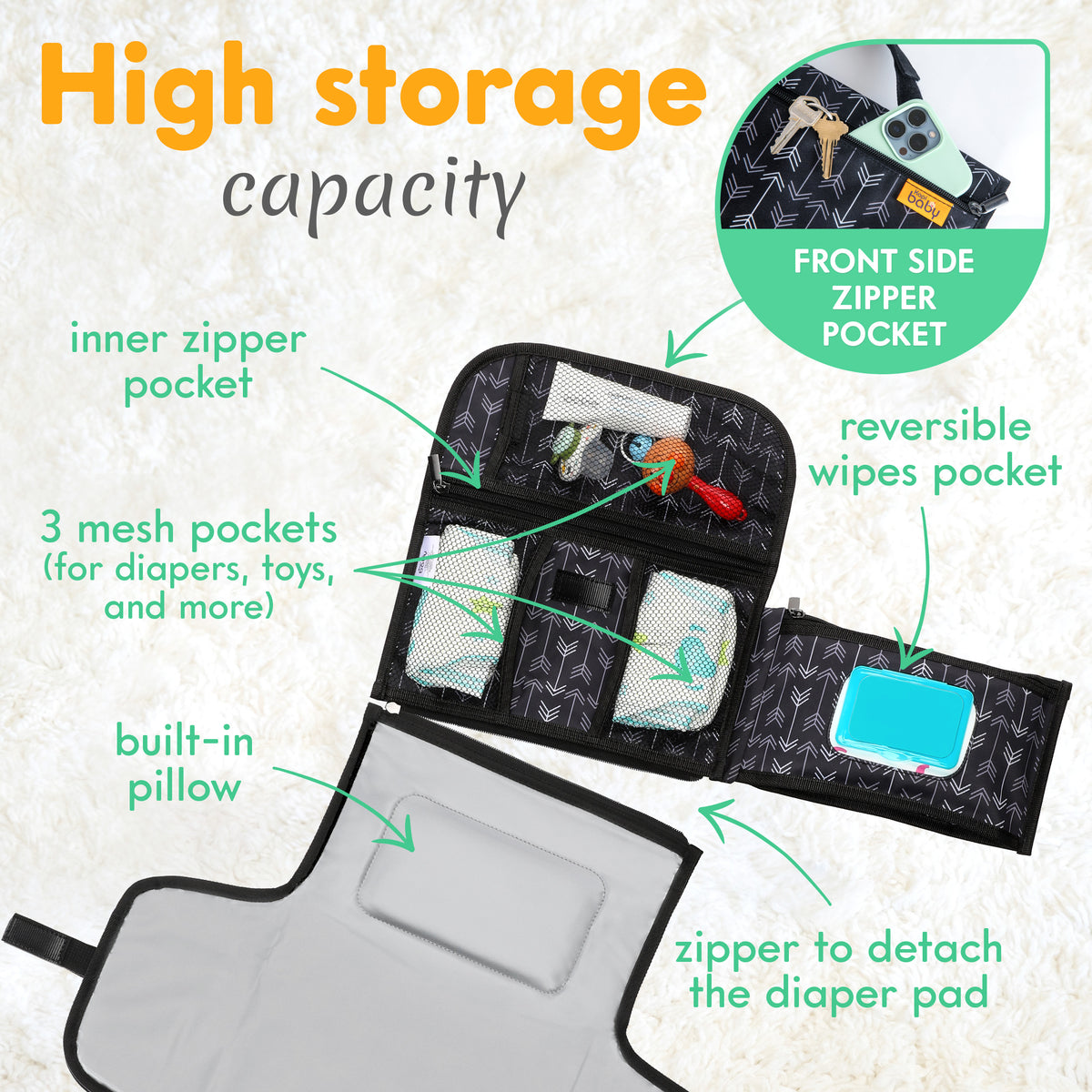Kopi Baby Portable Diaper Changing Pad, Wipes Pocket, Premium Black Arrows