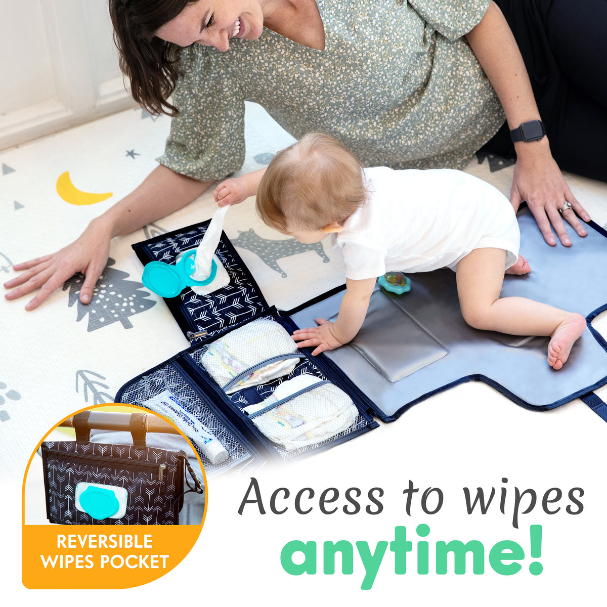 Kopi Baby Portable Diaper Changing Pad, Wipes Pocket, Premium Black Arrows