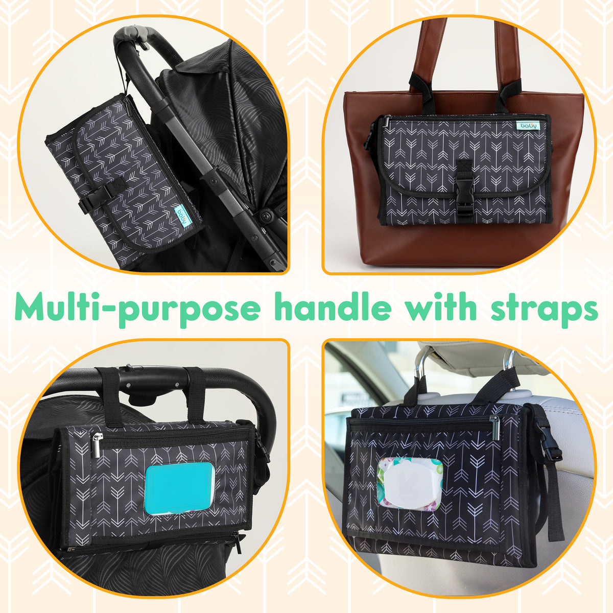 Kopi Baby Portable Diaper Changing Pad, Wipes Pocket, Premium Black Arrows