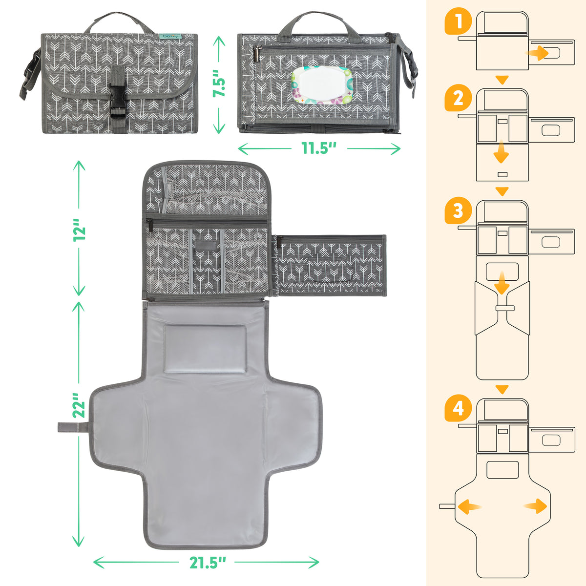 Kopi Baby Portable Diaper Changing Pad, Wipes Pocket, Premium Grey Arrows