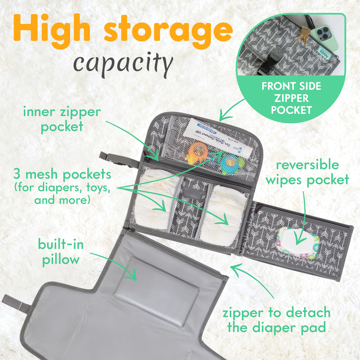 Kopi Baby Portable Diaper Changing Pad, Wipes Pocket, Premium Grey Arrows