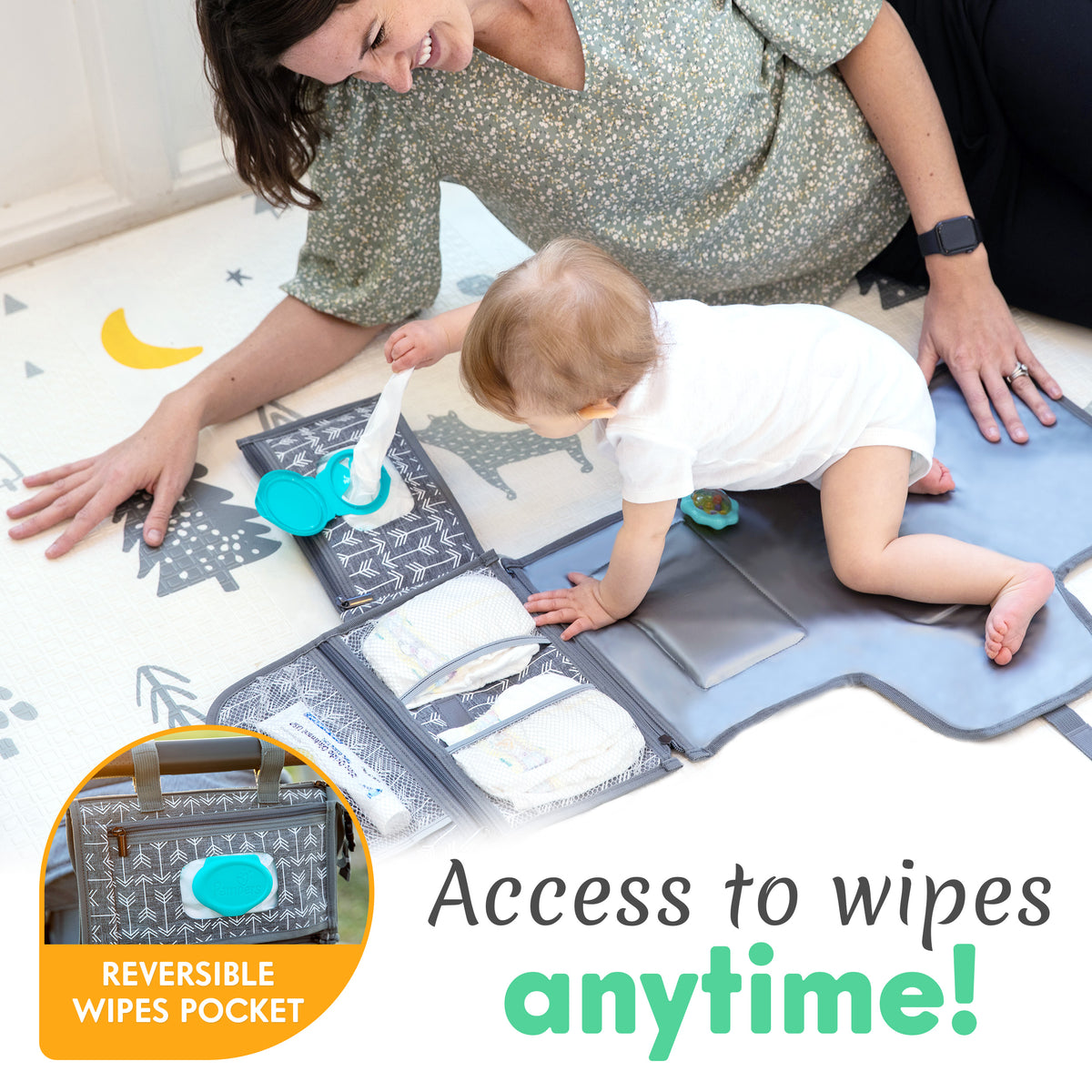 Kopi Baby Portable Diaper Changing Pad, Wipes Pocket, Premium Grey Arrows