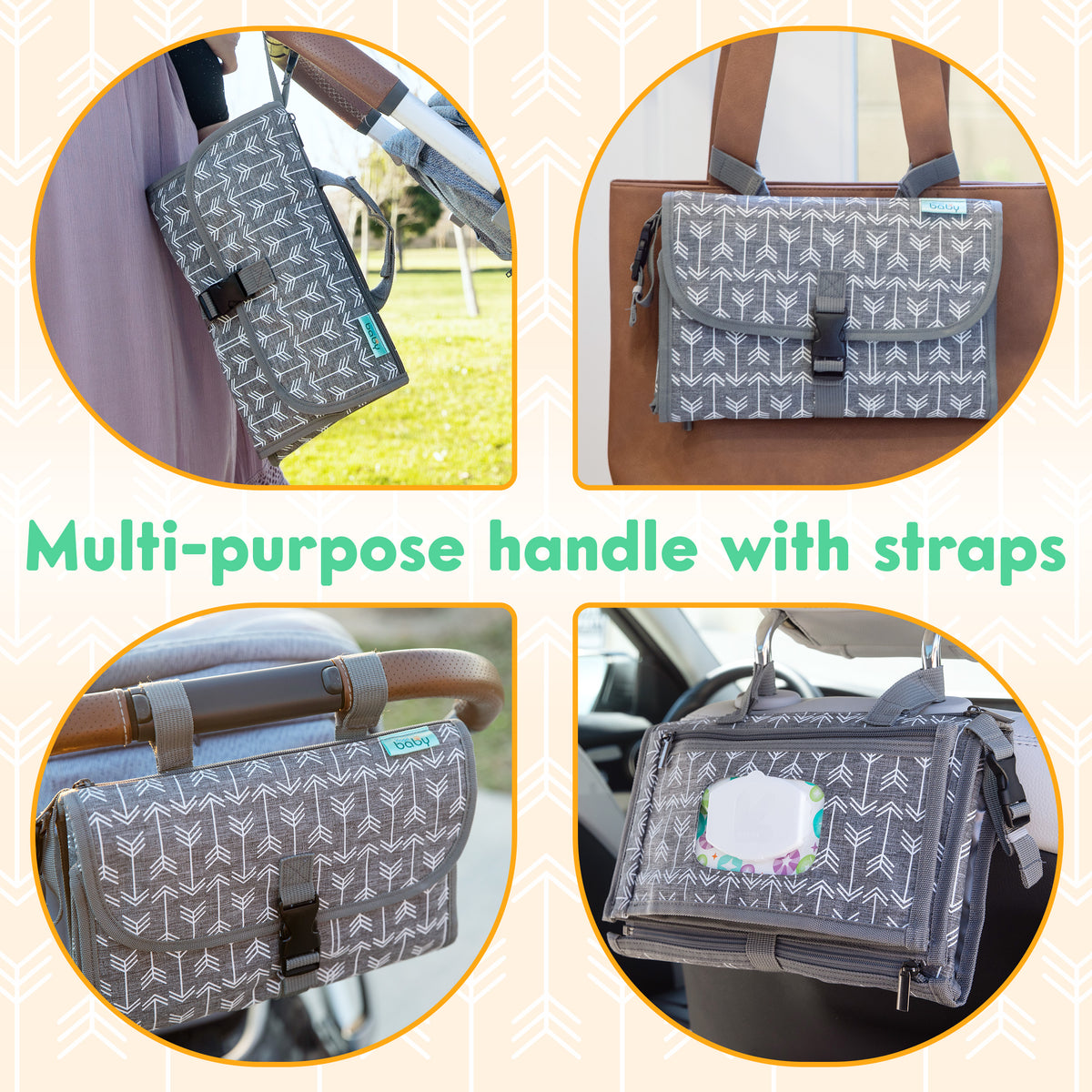Kopi Baby Portable Diaper Changing Pad, Wipes Pocket, Premium Grey Arrows