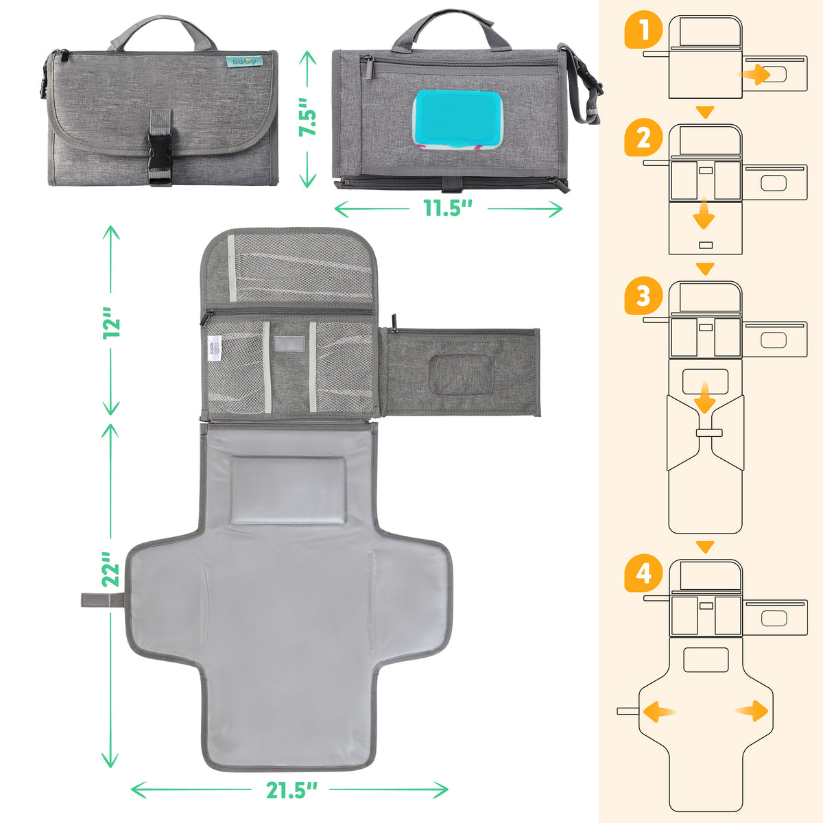 Kopi Baby Portable Diaper Changing Pad with Wipes Pocket, Premium Grey