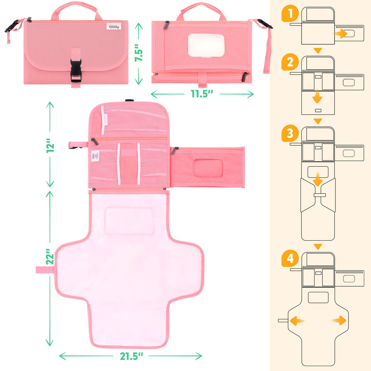 Kopi Baby Portable Diaper Changing Pad with Wipes Pocket, Premium Pink