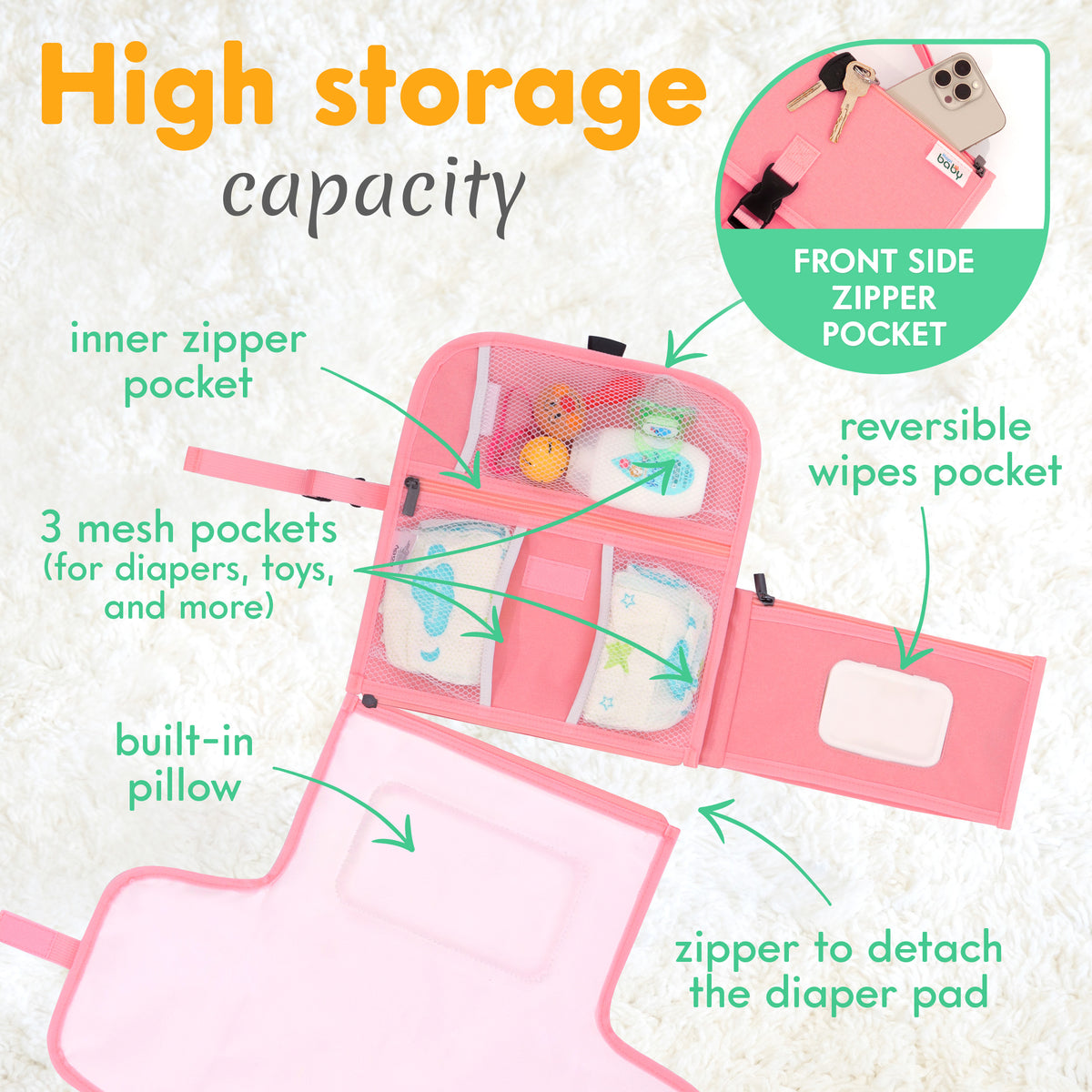 Kopi Baby Portable Diaper Changing Pad with Wipes Pocket, Premium Pink
