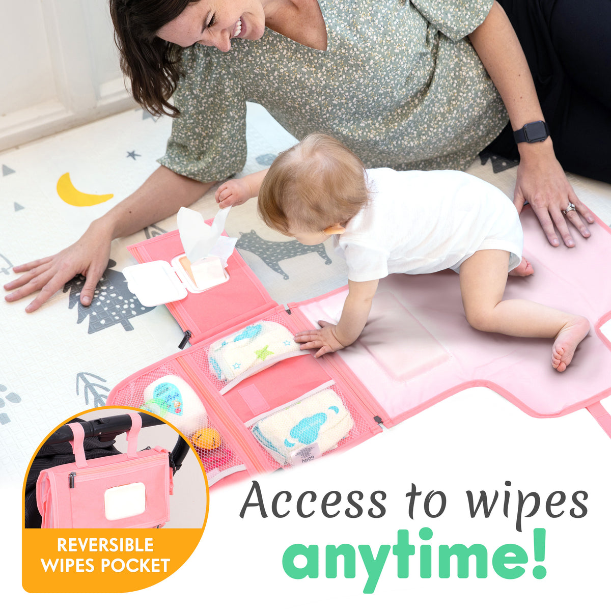 Kopi Baby Portable Diaper Changing Pad with Wipes Pocket, Premium Pink