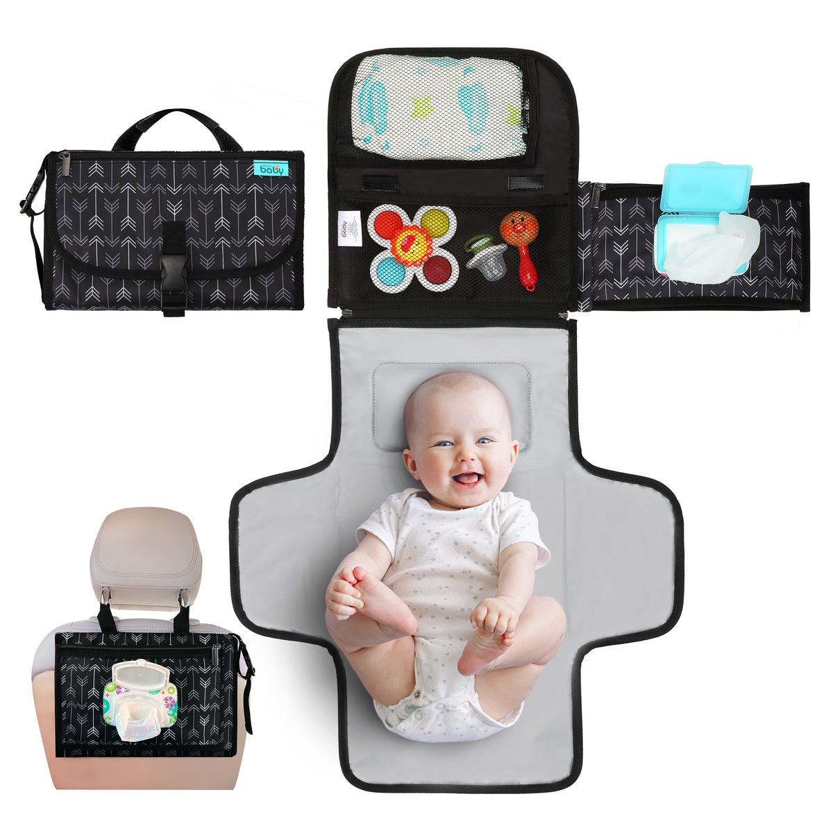 Kopi Baby Portable Diaper Changing Pad, Wipes Pocket, Classic Black Arrows