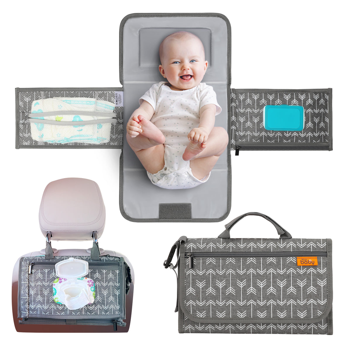 Kopi Baby Portable Diaper Changing Pad, Wipes Pocket, Modern Grey Arrows
