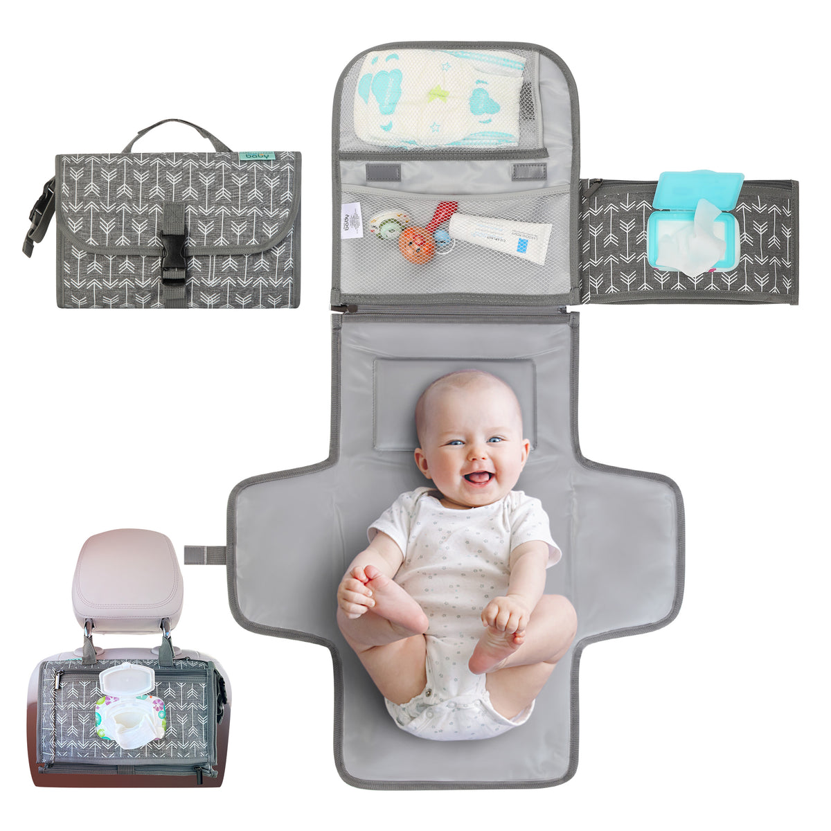 Kopi Baby Portable Diaper Changing Pad, Wipes Pocket, Classic Grey Arrows
