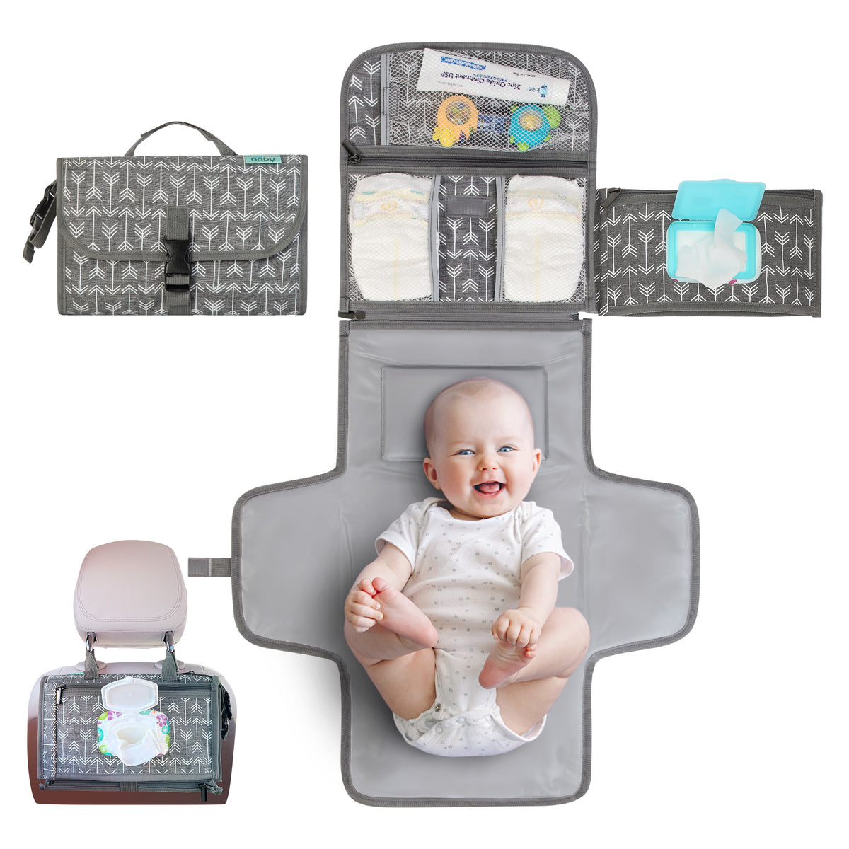 Kopi Baby Portable Diaper Changing Pad, Wipes Pocket, Premium Grey Arrows