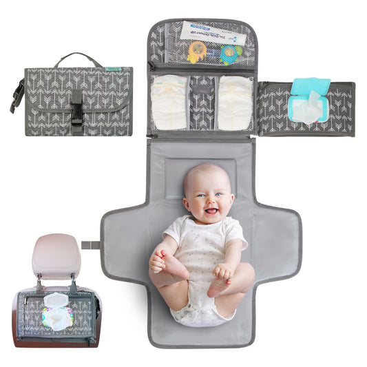 Kopi Baby Portable Diaper Changing Pad, Wipes Pocket, Premium Grey Arrows