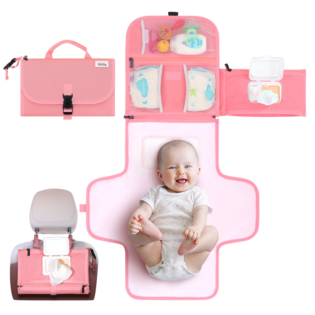 Kopi Baby Portable Diaper Changing Pad with Wipes Pocket, Premium Pink