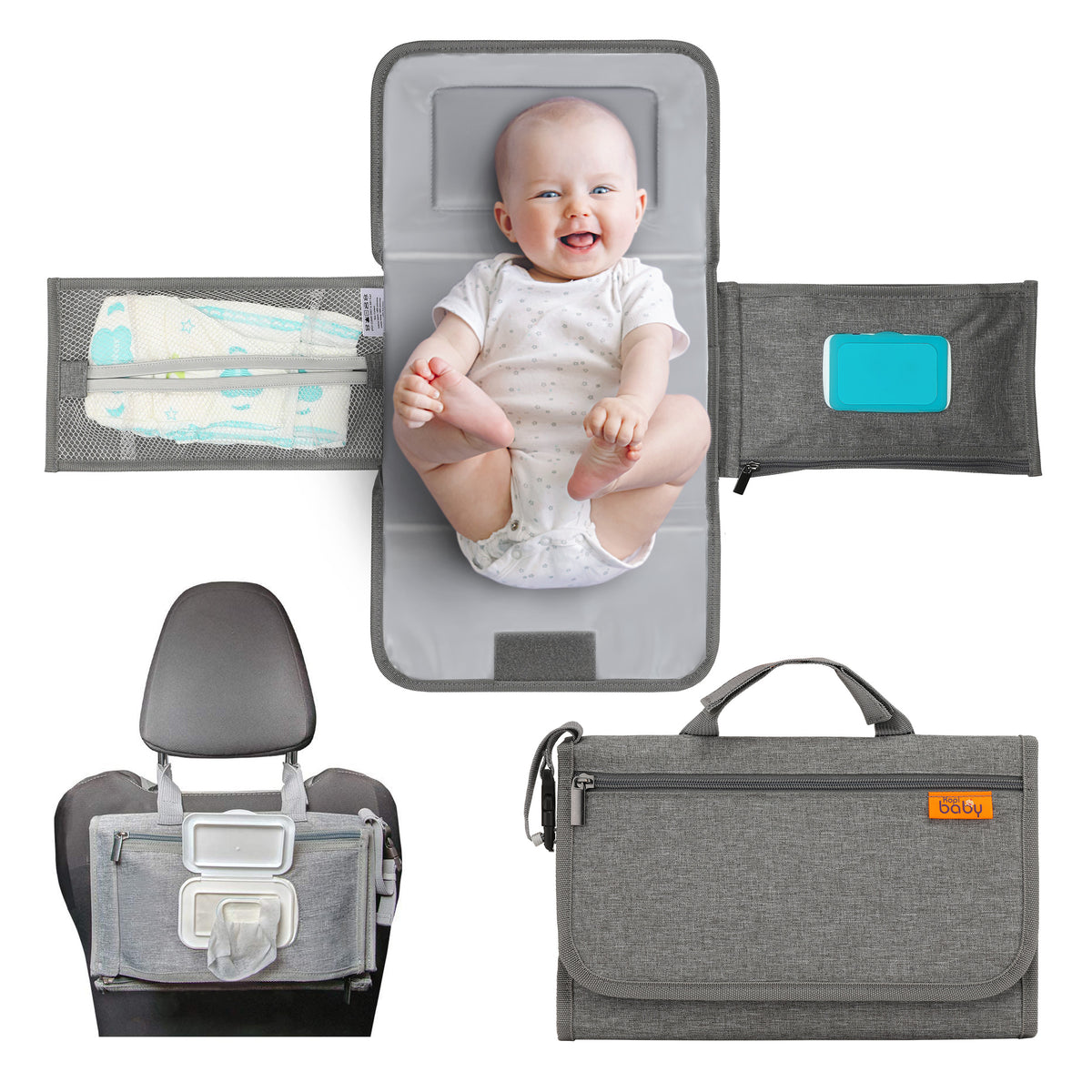 Kopi Baby Portable Diaper Changing Pad with Wipes Pocket, Modern Grey